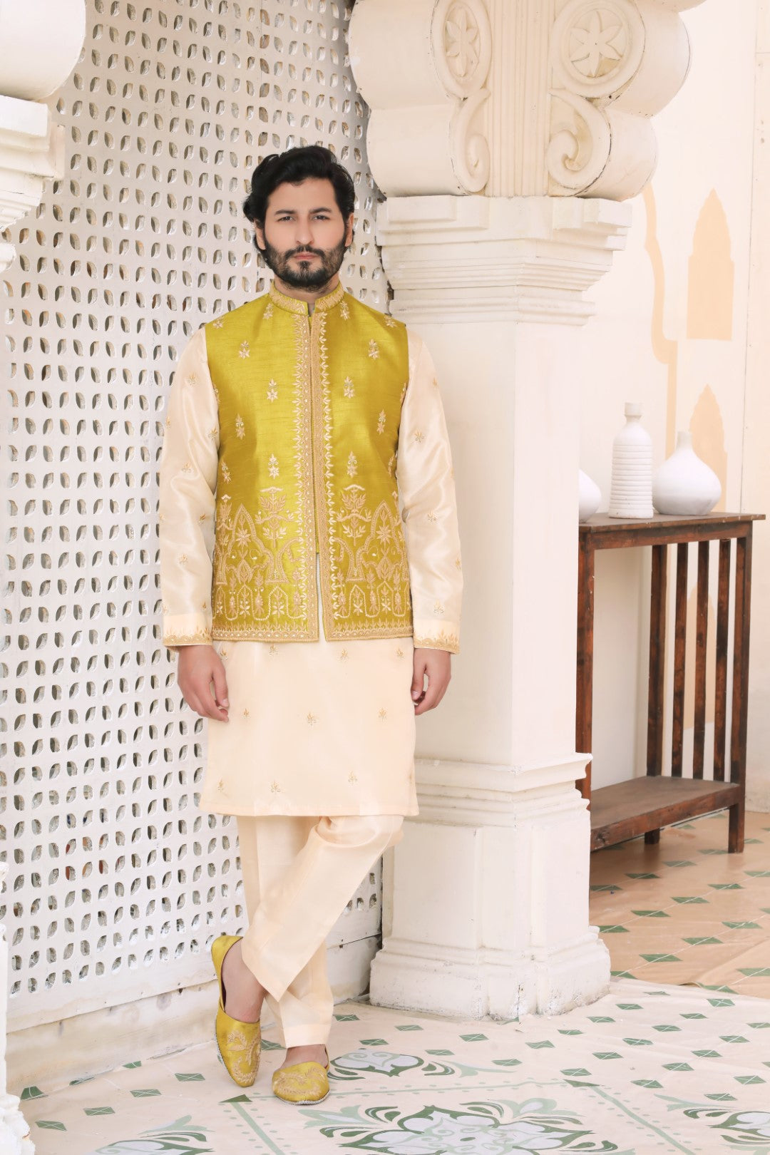 Green Embroidered Silk Mughal Waistcoat (3-Piece) - Image 2