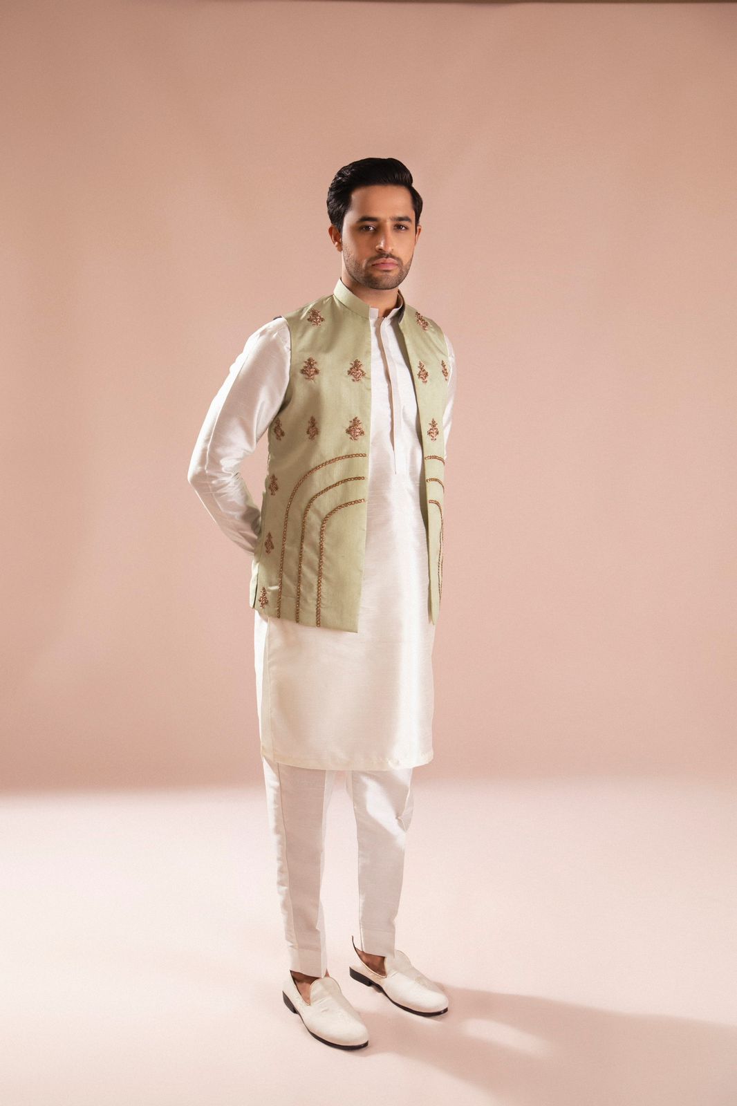 Pista Green Embroidered Silk Waistcoat Kurta (3-Piece) - Image 1