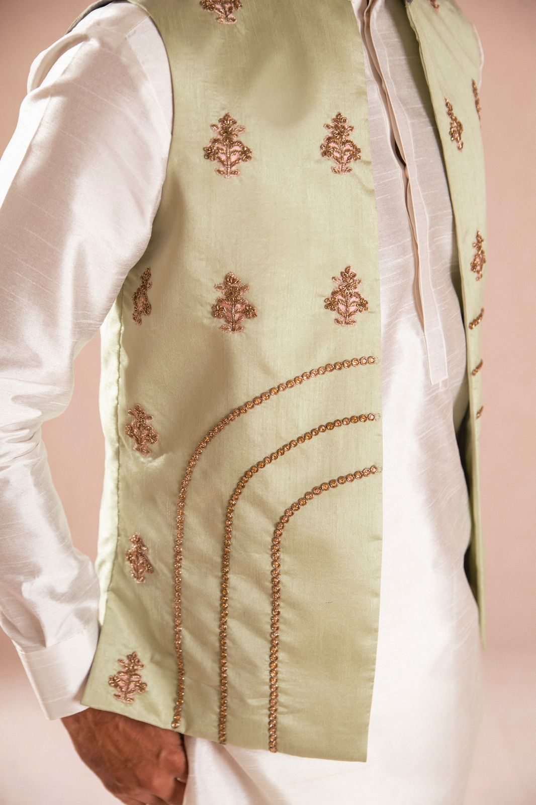 Pista Green Embroidered Silk Waistcoat Kurta (3-Piece) - Image 3