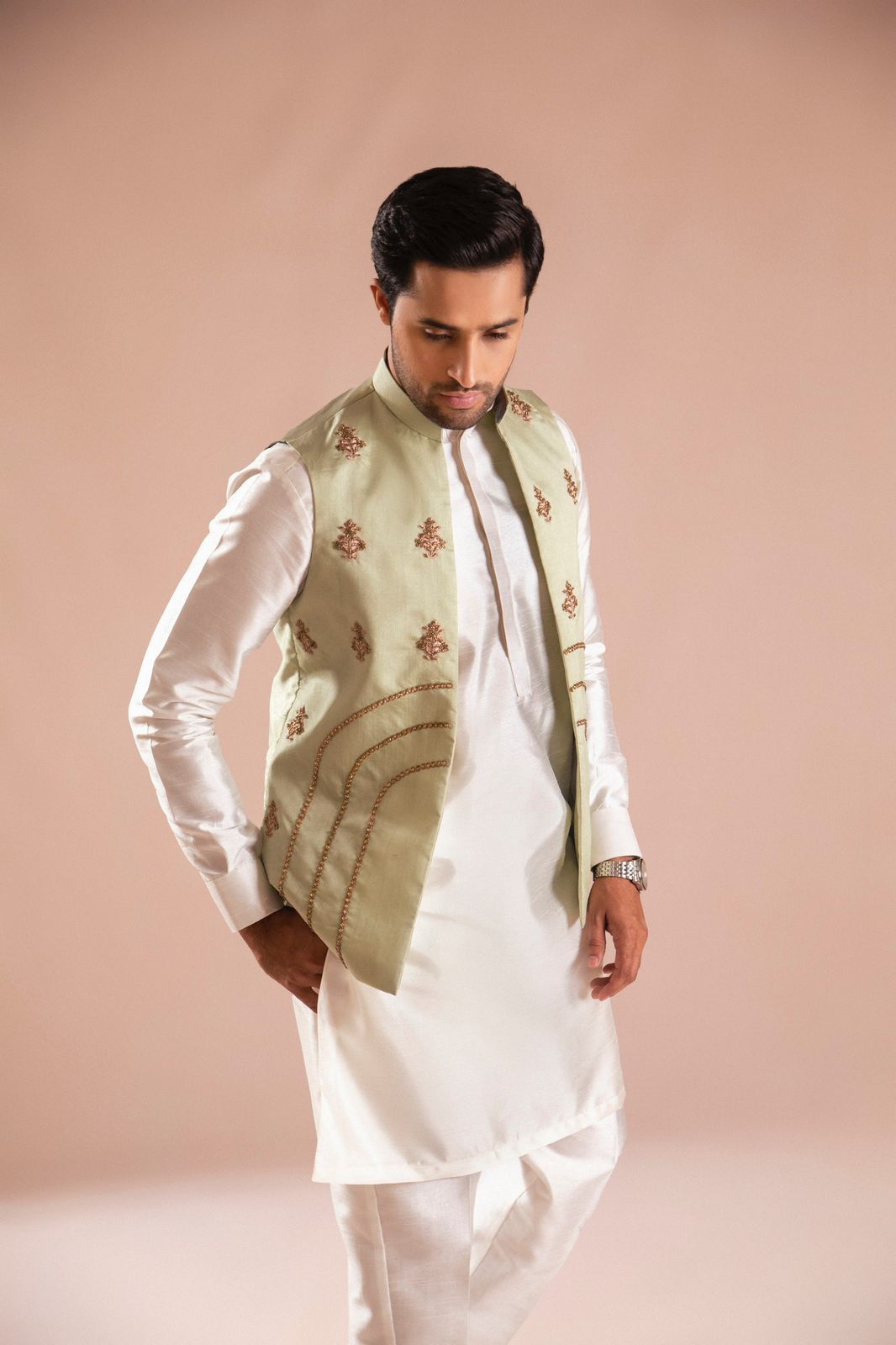 Pista Green Embroidered Silk Waistcoat Kurta (3-Piece) - Image 5