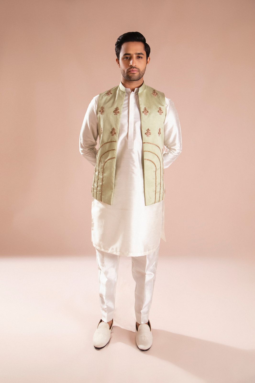 Pista Green Embroidered Silk Waistcoat Kurta (3-Piece) - Image 4