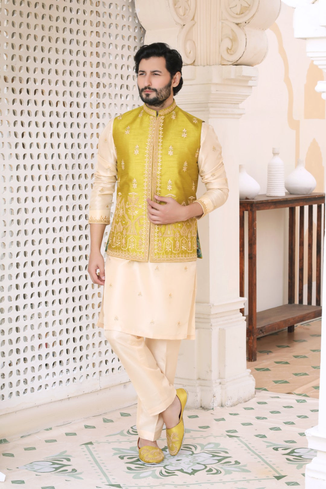 Green Embroidered Silk Mughal Waistcoat (3-Piece) - Image 1