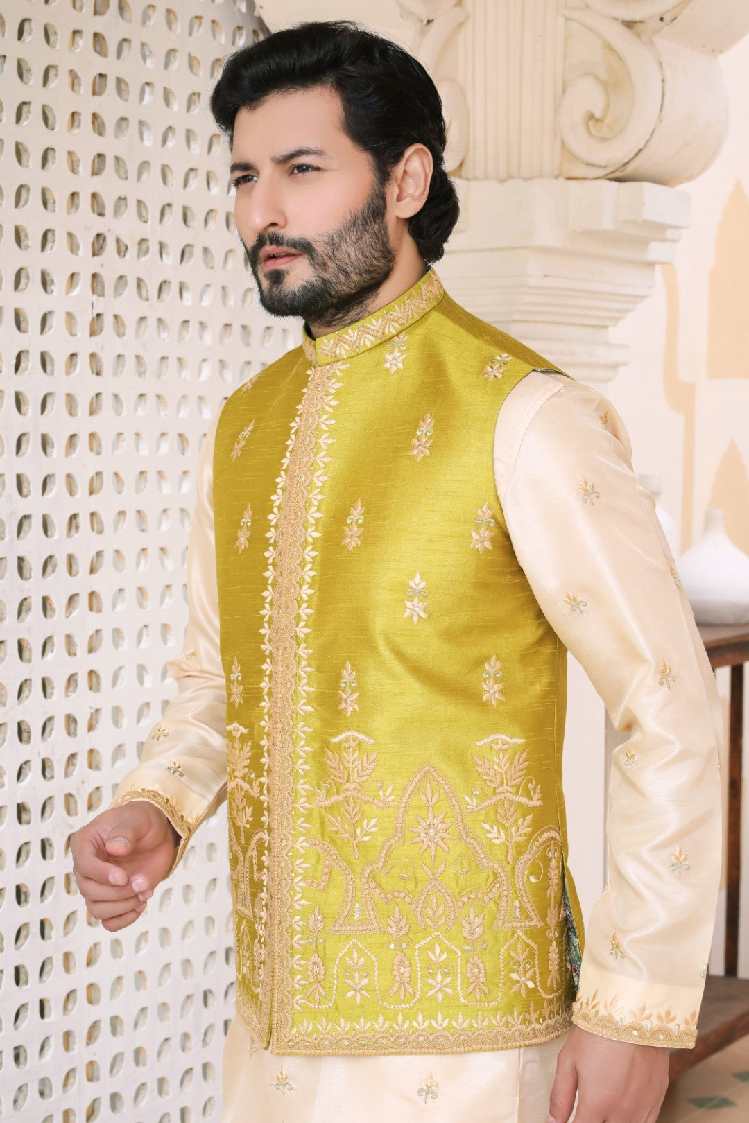 Green Embroidered Silk Mughal Waistcoat (3-Piece) - Image 4