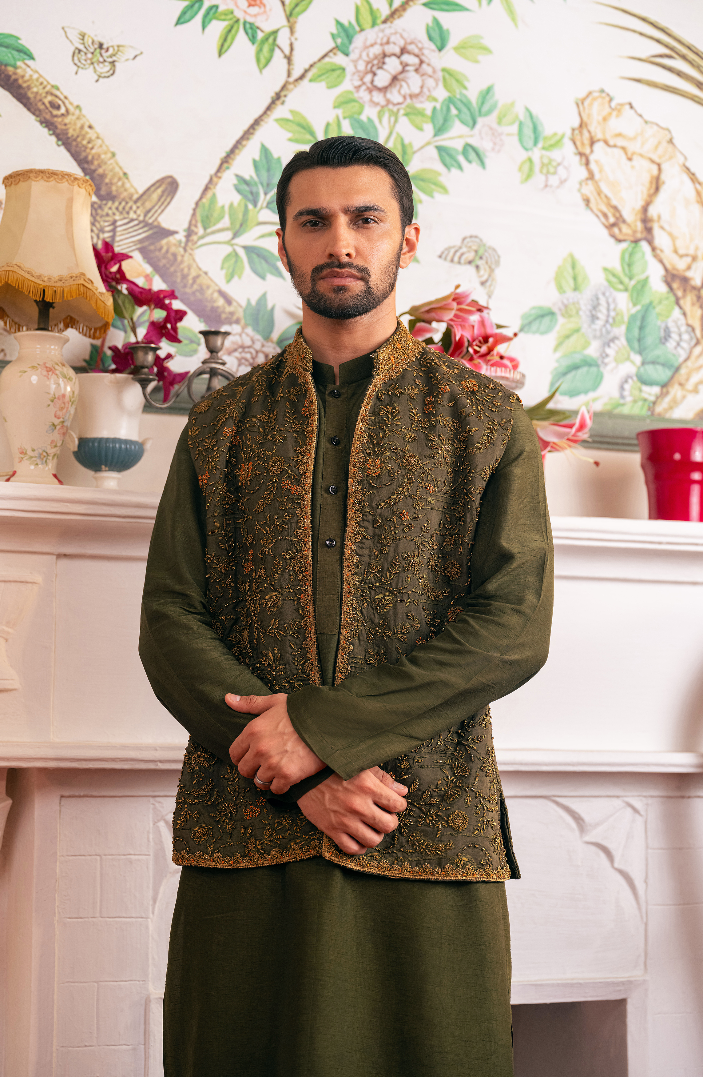 Olive Green Embroidered Silk Waistcoat Kurta (3-Piece) - Image 1