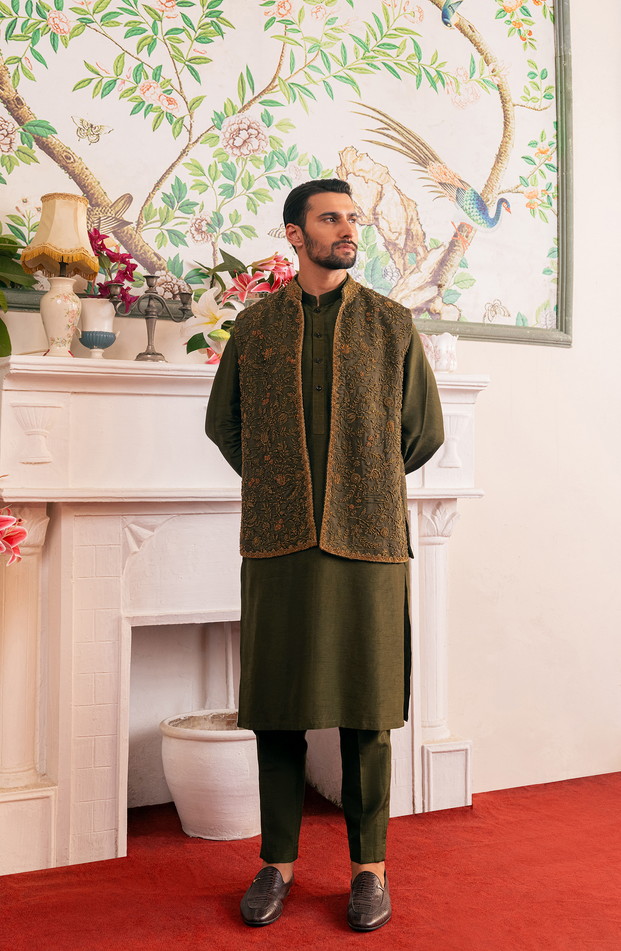 Olive Green Embroidered Silk Waistcoat Kurta (3-Piece) - Image 2