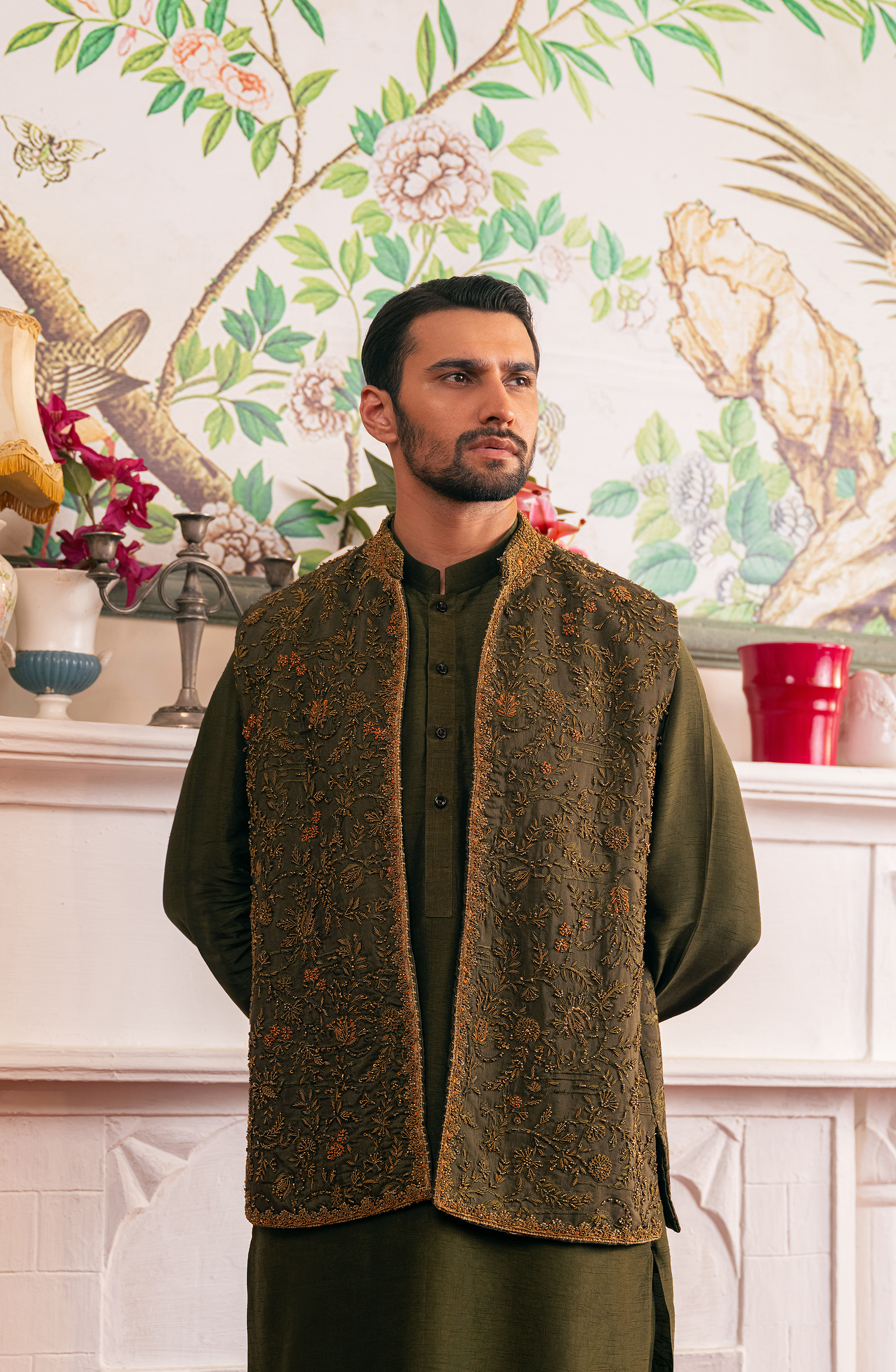 Olive Green Embroidered Silk Waistcoat Kurta (3-Piece) - Image 3