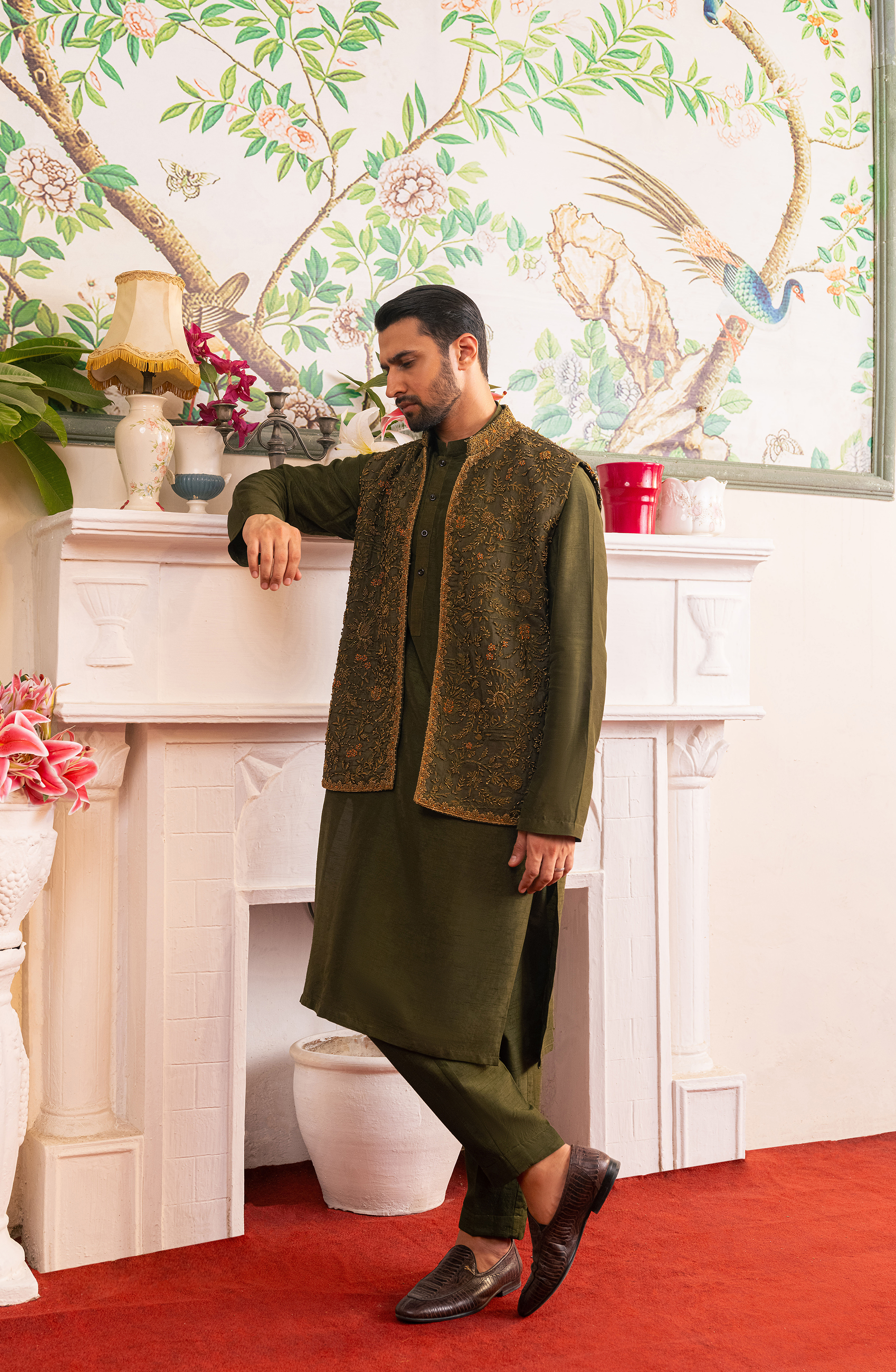 Olive Green Embroidered Silk Waistcoat Kurta (3-Piece) - Image 4