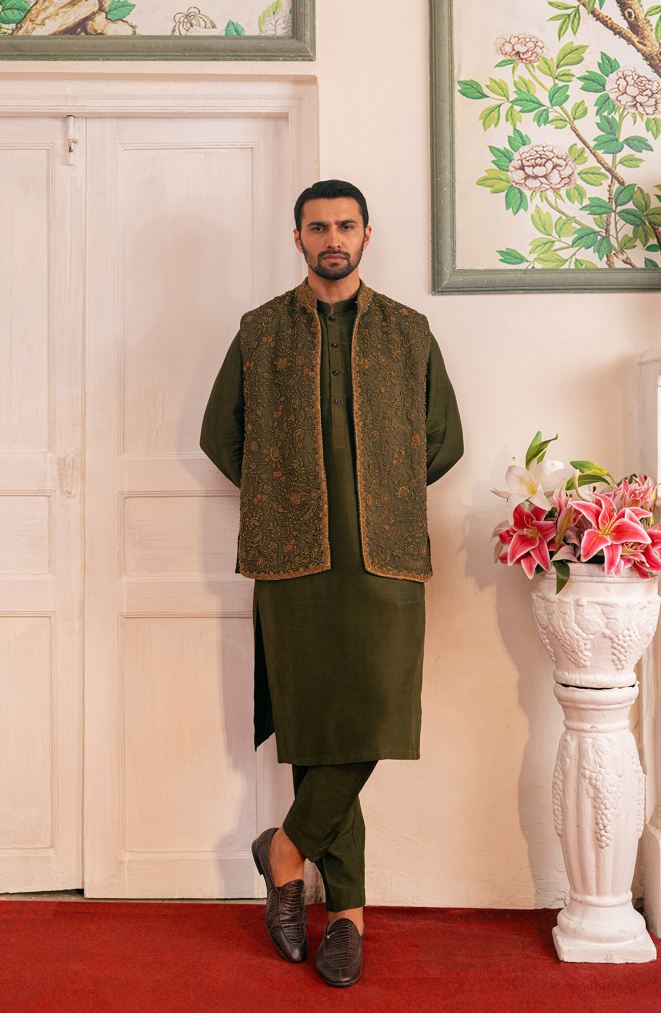 Olive Green Embroidered Silk Waistcoat Kurta (3-Piece) - Image 5