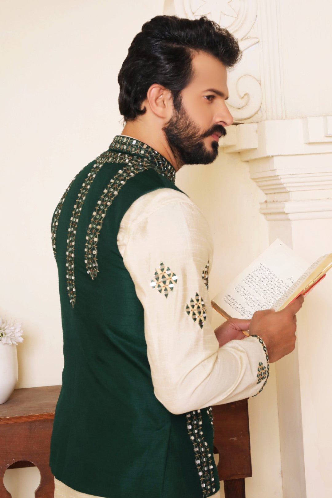 Bottle Green Mirror Embroidered Silk Waistcoat (3-Piece) - Image 3