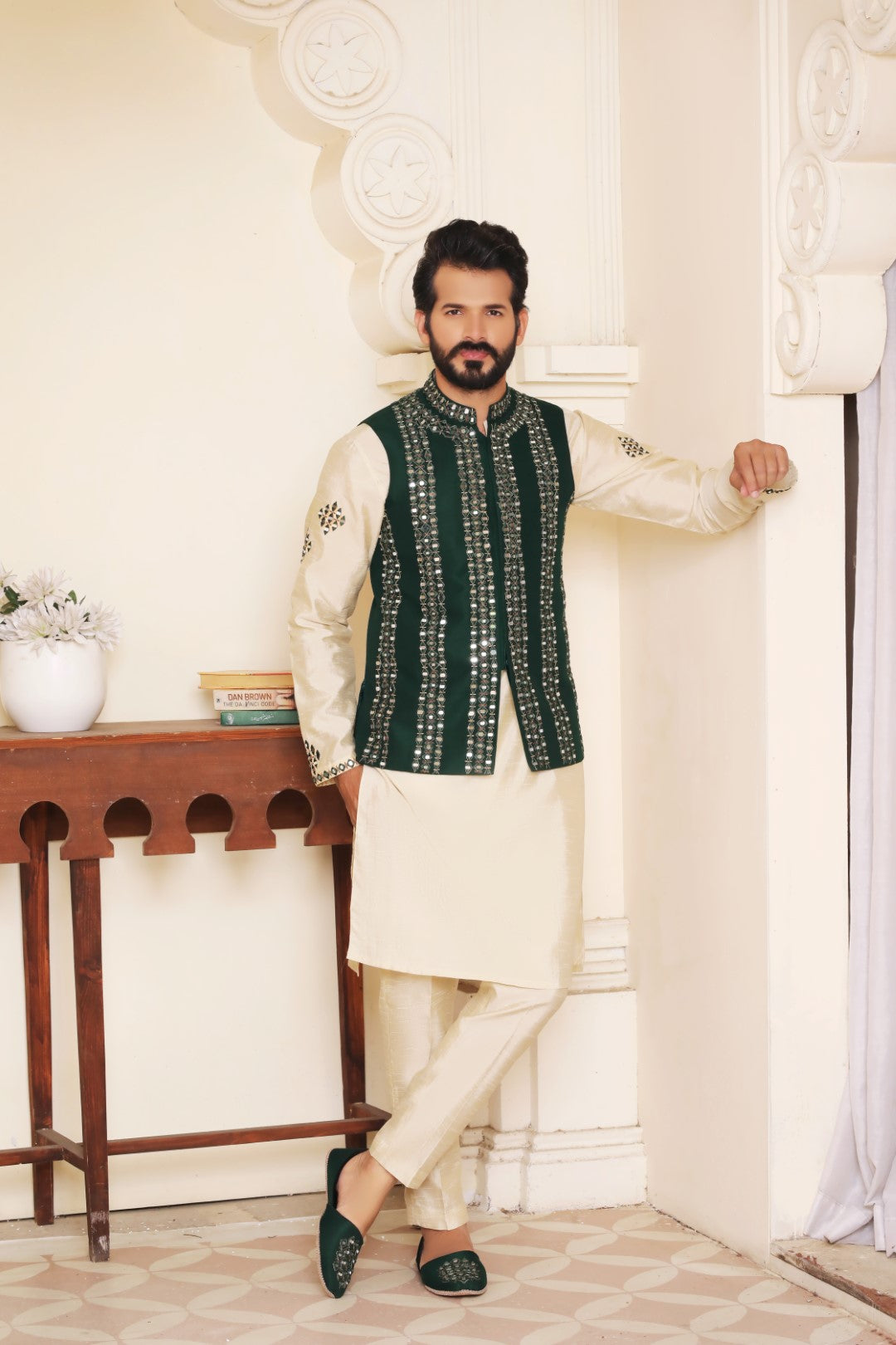 Bottle Green Mirror Embroidered Silk Waistcoat (3-Piece) - Image 1