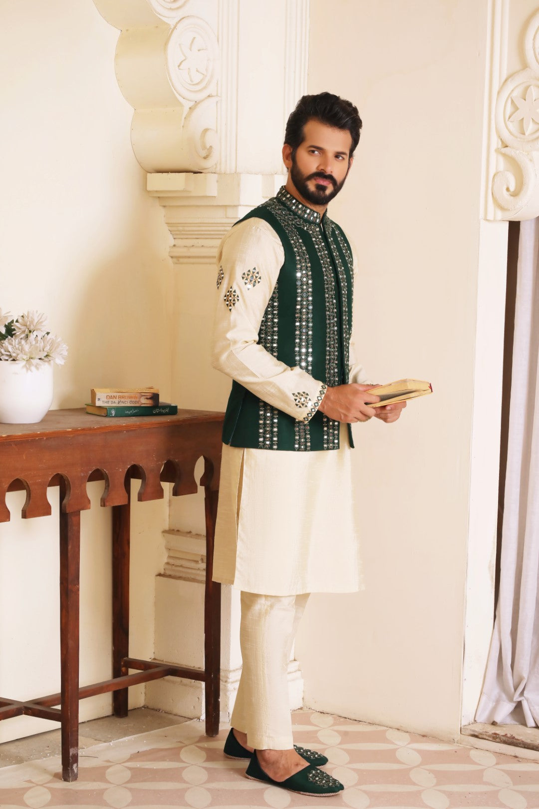 Bottle Green Mirror Embroidered Silk Waistcoat (3-Piece) - Image 2