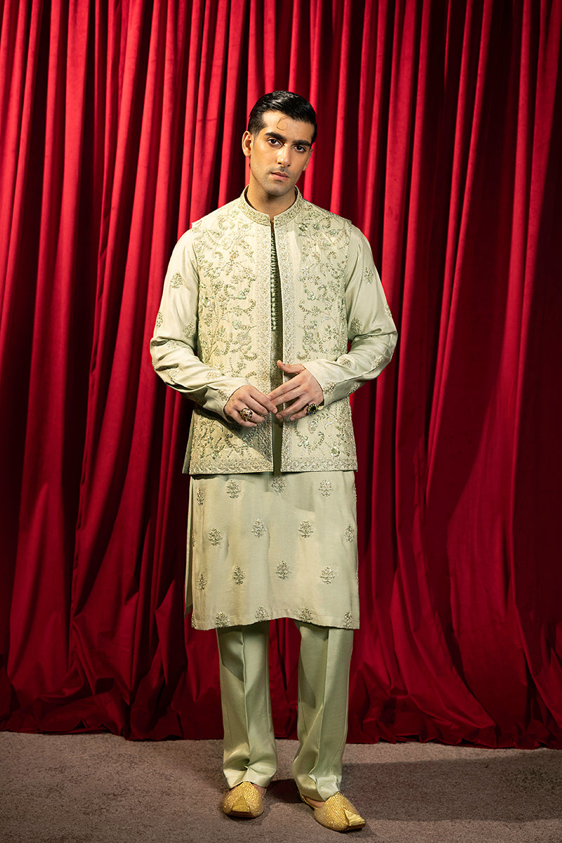 Pastel Green Embroidered Silk Waistcoat Kurta (3-Piece) - Image 2