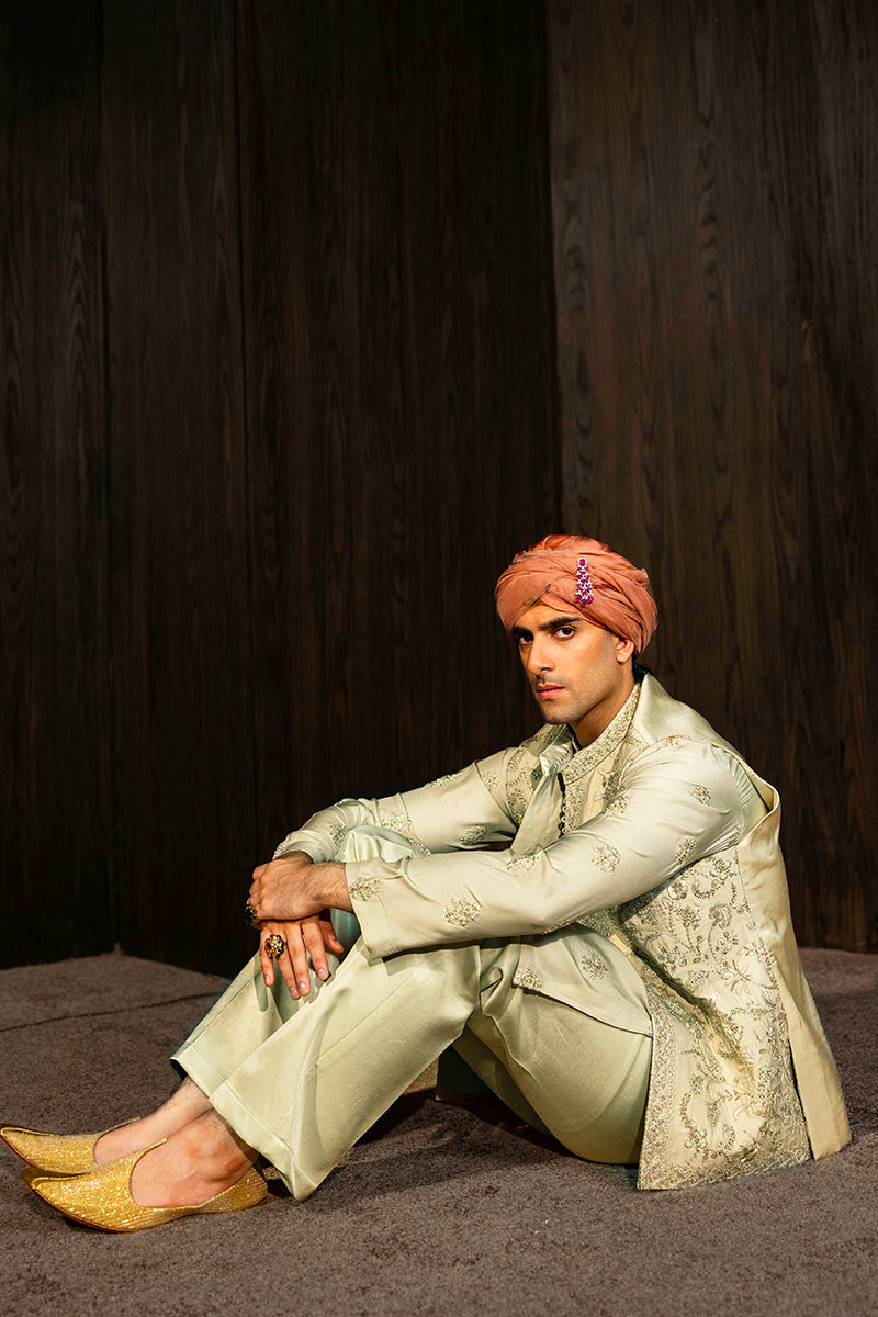 Pastel Green Embroidered Silk Waistcoat Kurta (3-Piece) - Image 6