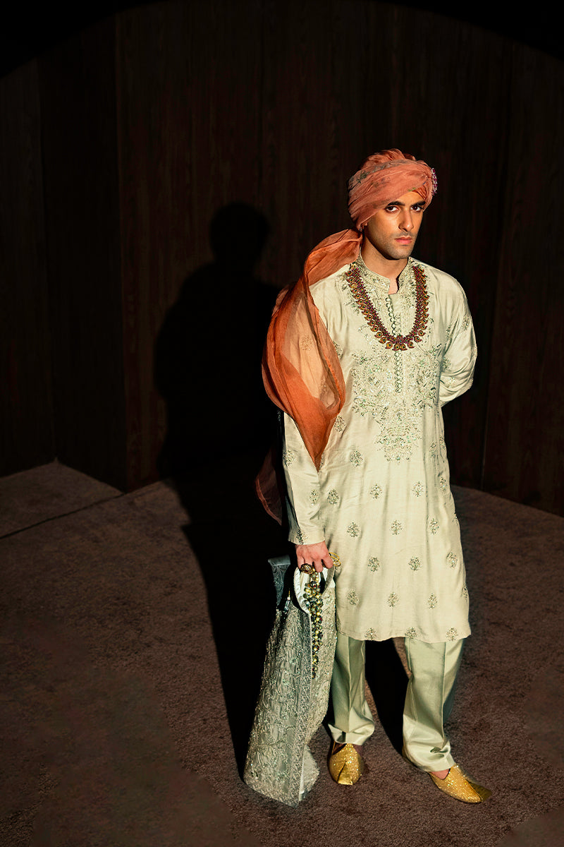 Pastel Green Embroidered Silk Waistcoat Kurta (3-Piece) - Image 7