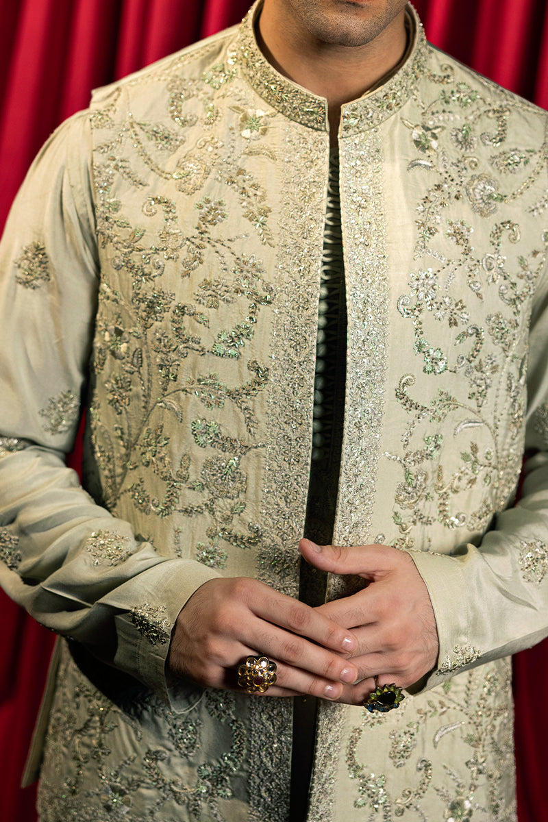 Pastel Green Embroidered Silk Waistcoat Kurta (3-Piece) - Image 4