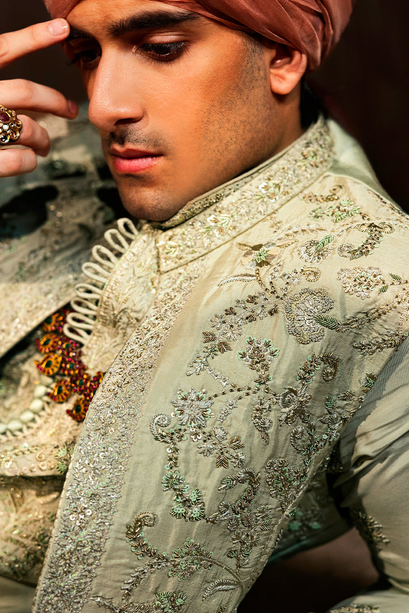 Pastel Green Embroidered Silk Waistcoat Kurta (3-Piece) - Image 2