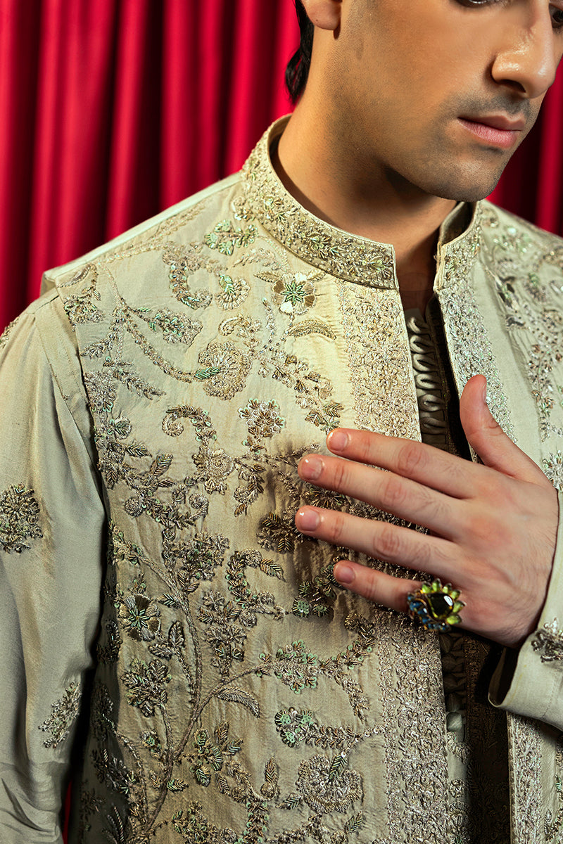 Pastel Green Embroidered Silk Waistcoat Kurta (3-Piece) - Image 3