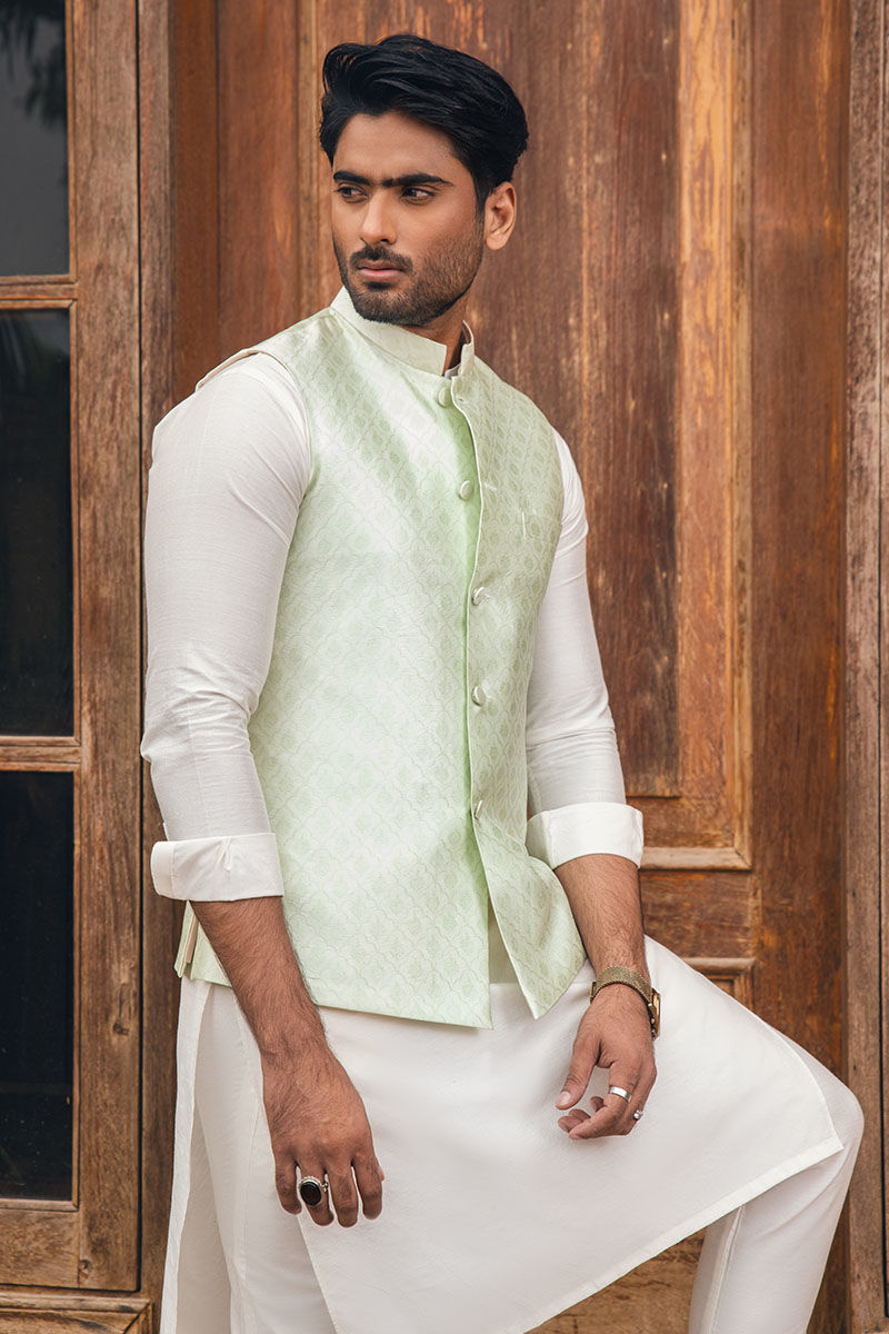 Mint Green Woven Silk Waistcoat Kurta Set (3-Piece) - Image 2
