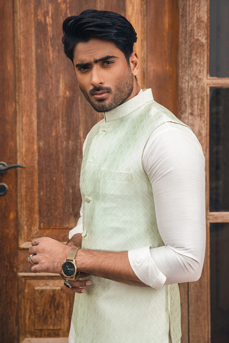 Mint Green Woven Silk Waistcoat Kurta Set (3-Piece) - Image 3