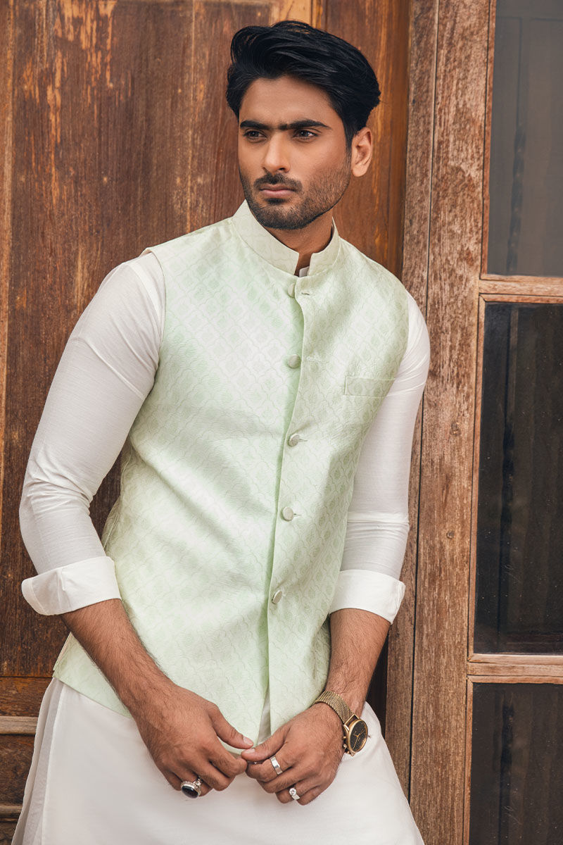 Mint Green Woven Silk Waistcoat Kurta Set (3-Piece) - Image 4