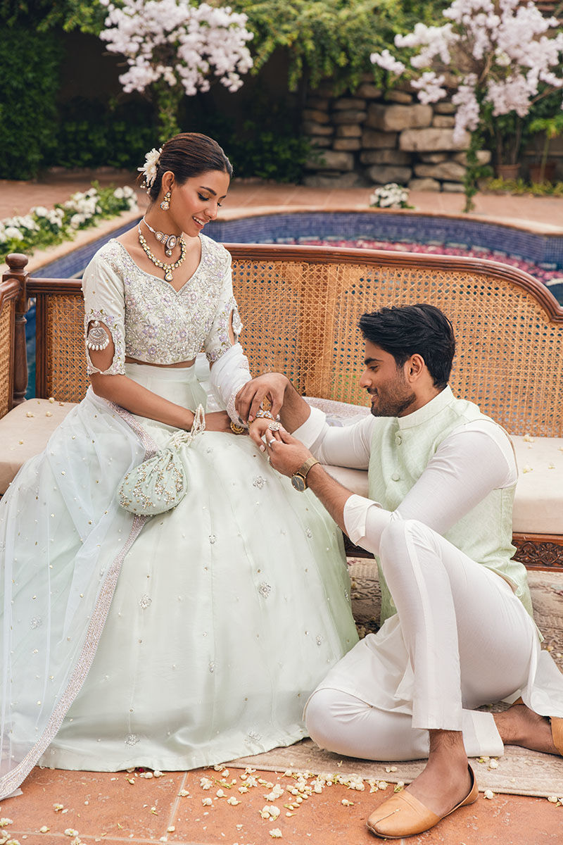 Mint Green Woven Silk Waistcoat Kurta Set (3-Piece) - Image 5