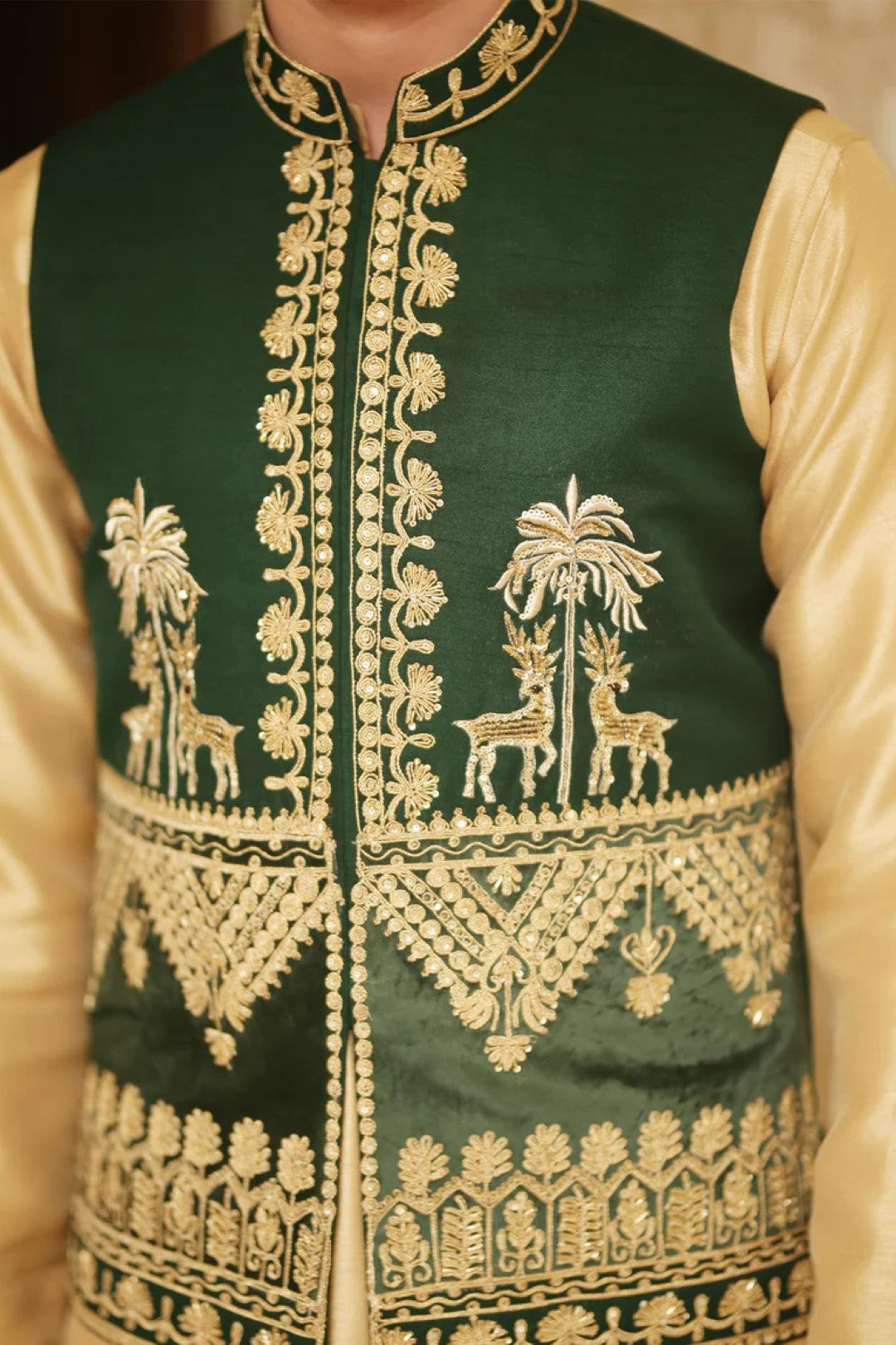 Bottle Green Embroidered Silk Waistcoat (3-Piece) - Image 3