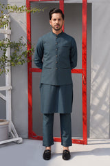 Pine Green Suiting Blend Waistcoat Kurta Set (3-Piece) - Image 2