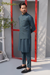 Pine Green Suiting Blend Waistcoat Kurta Set (3-Piece) - Image 3