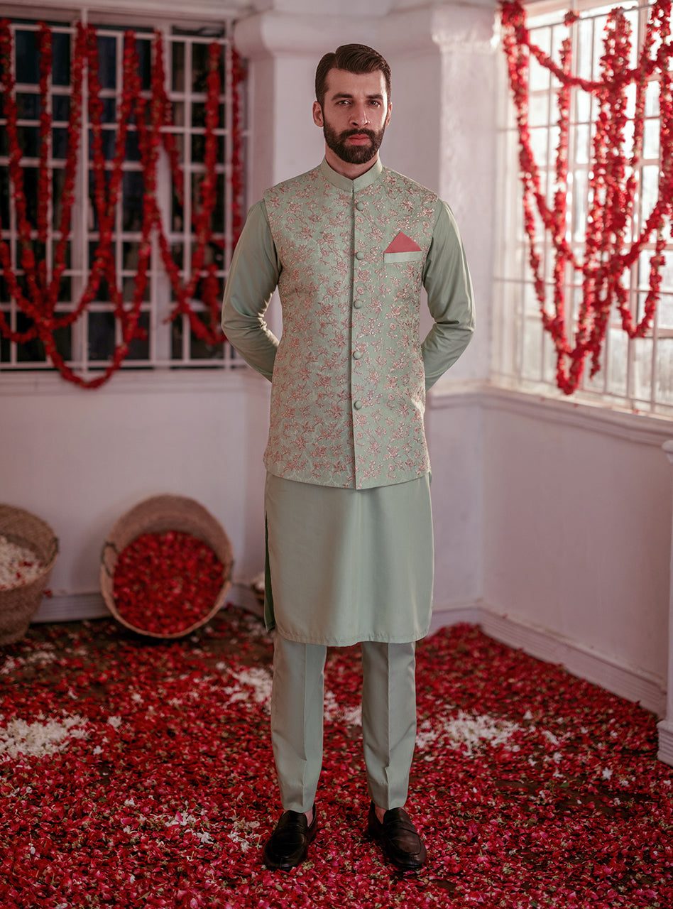 Mint Green Embroidered Waistcoat Kurta Set (3-Piece) - Image 1