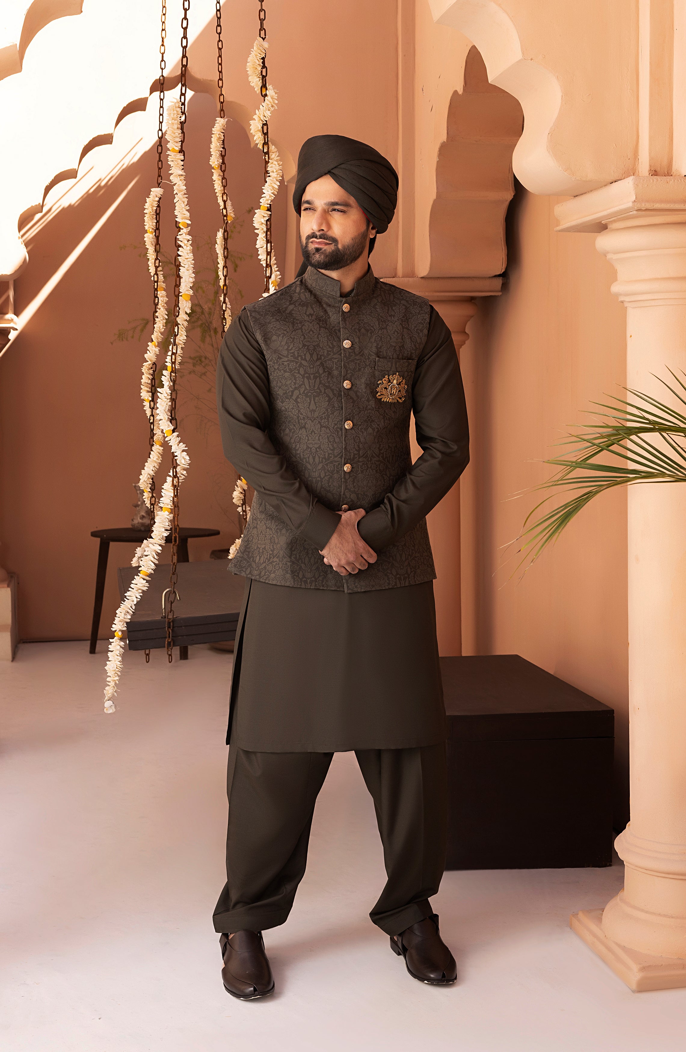 Deep Green Embroidered Twill Waistcoat Kurta Set (3-Piece) - Image 1