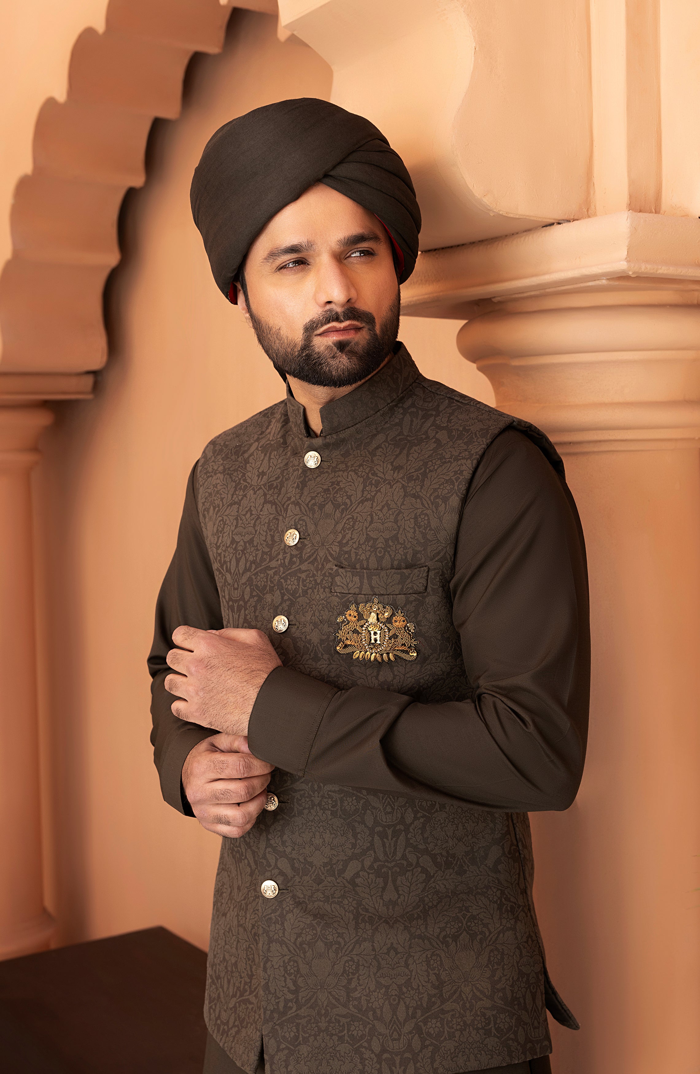 Deep Green Embroidered Twill Waistcoat Kurta Set (3-Piece) - Image 2