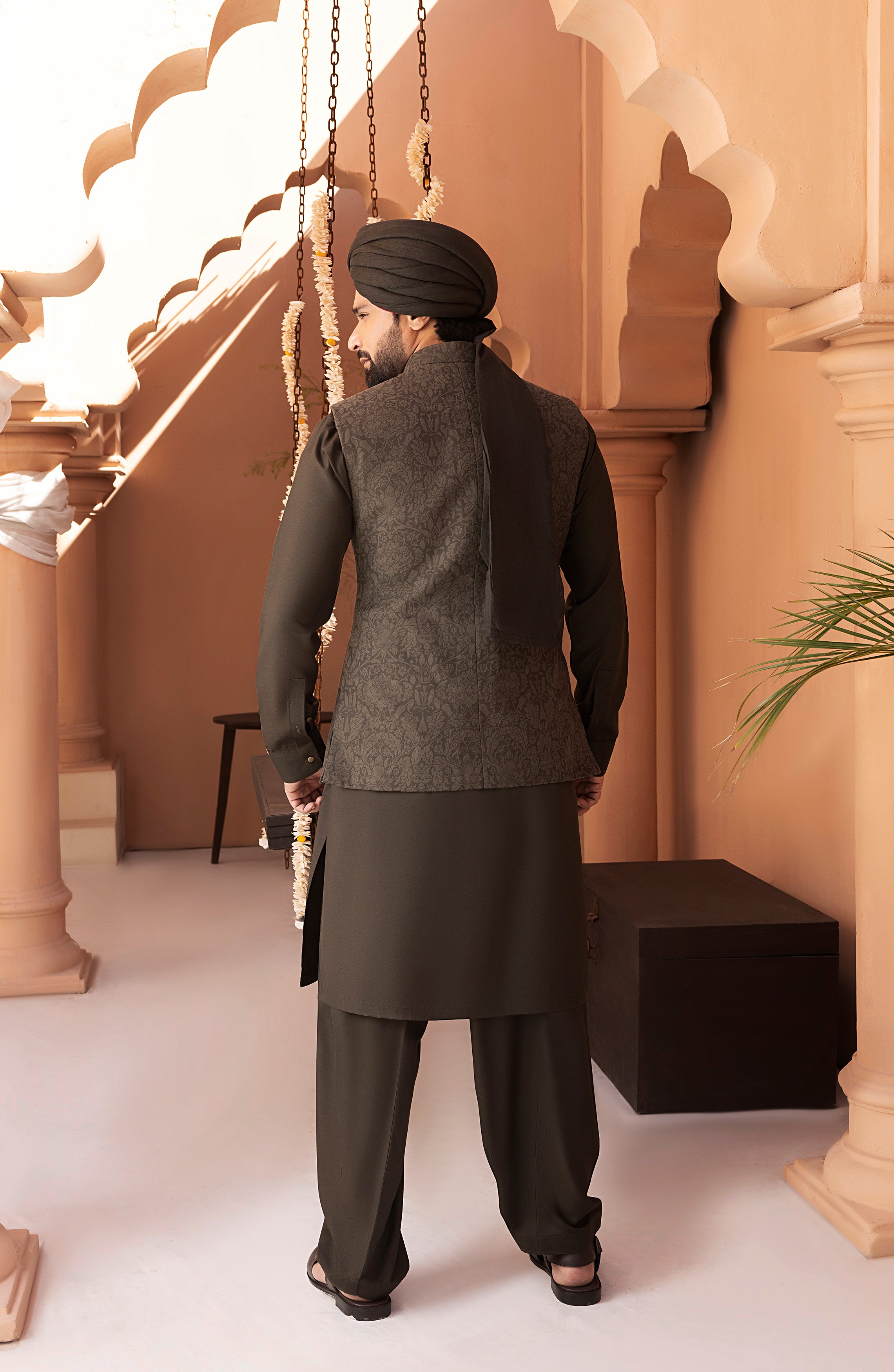 Deep Green Embroidered Twill Waistcoat Kurta Set (3-Piece) - Image 3