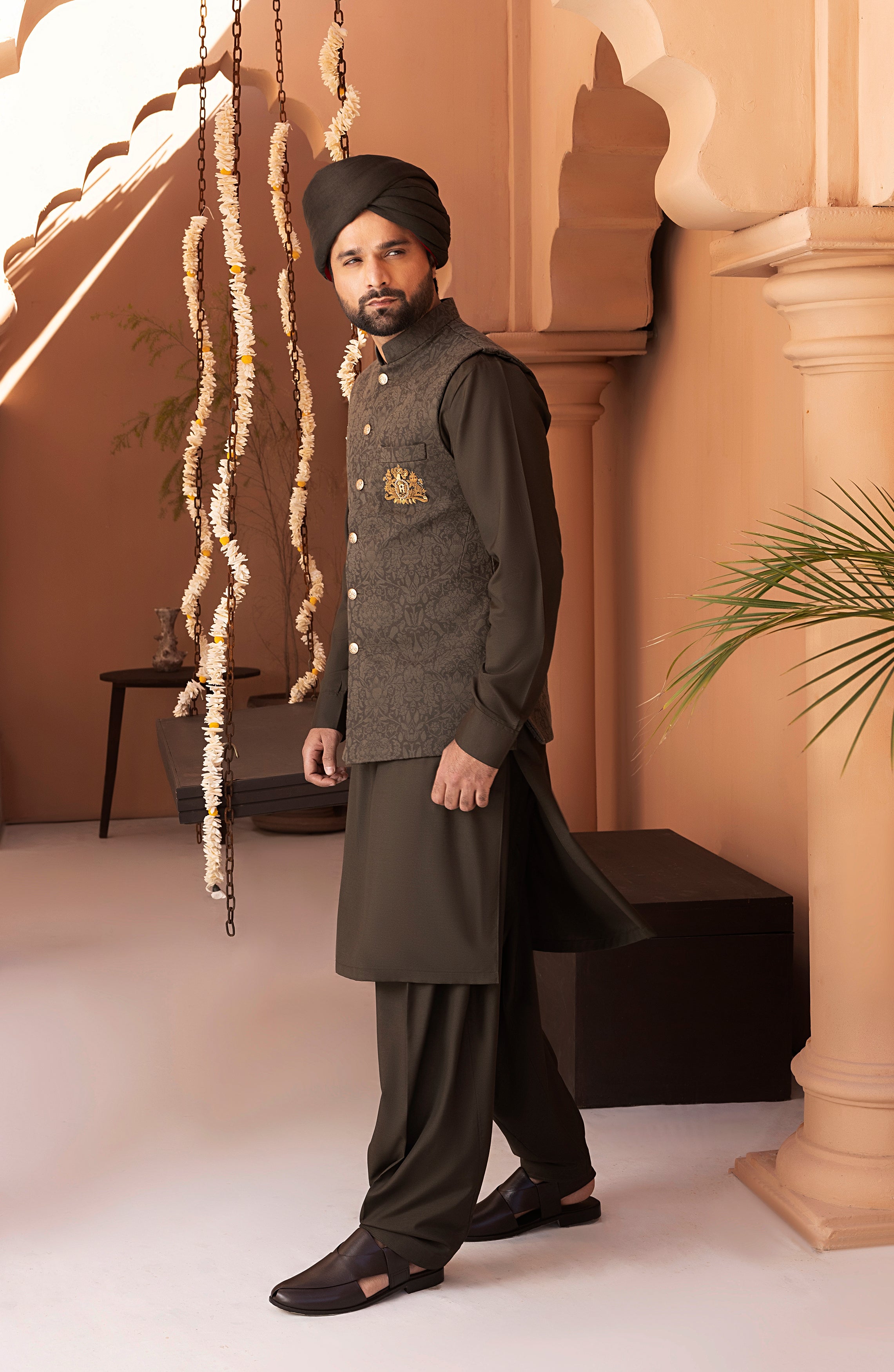 Deep Green Embroidered Twill Waistcoat Kurta Set (3-Piece) - Image 4