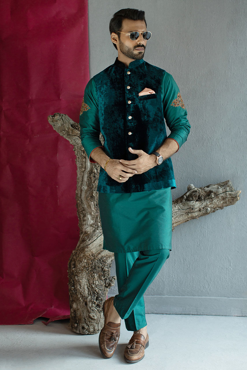 Teal Green Velvet Waistcoat Kurta (3-Piece) - Image 1
