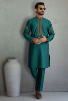 Teal Green Velvet Waistcoat Kurta (3-Piece) - Image 5