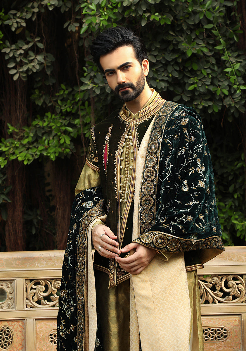 Deep Green Embroidered Velvet Talpuri Waistcoat Jamawar Suit (3-Piece) - Image 1