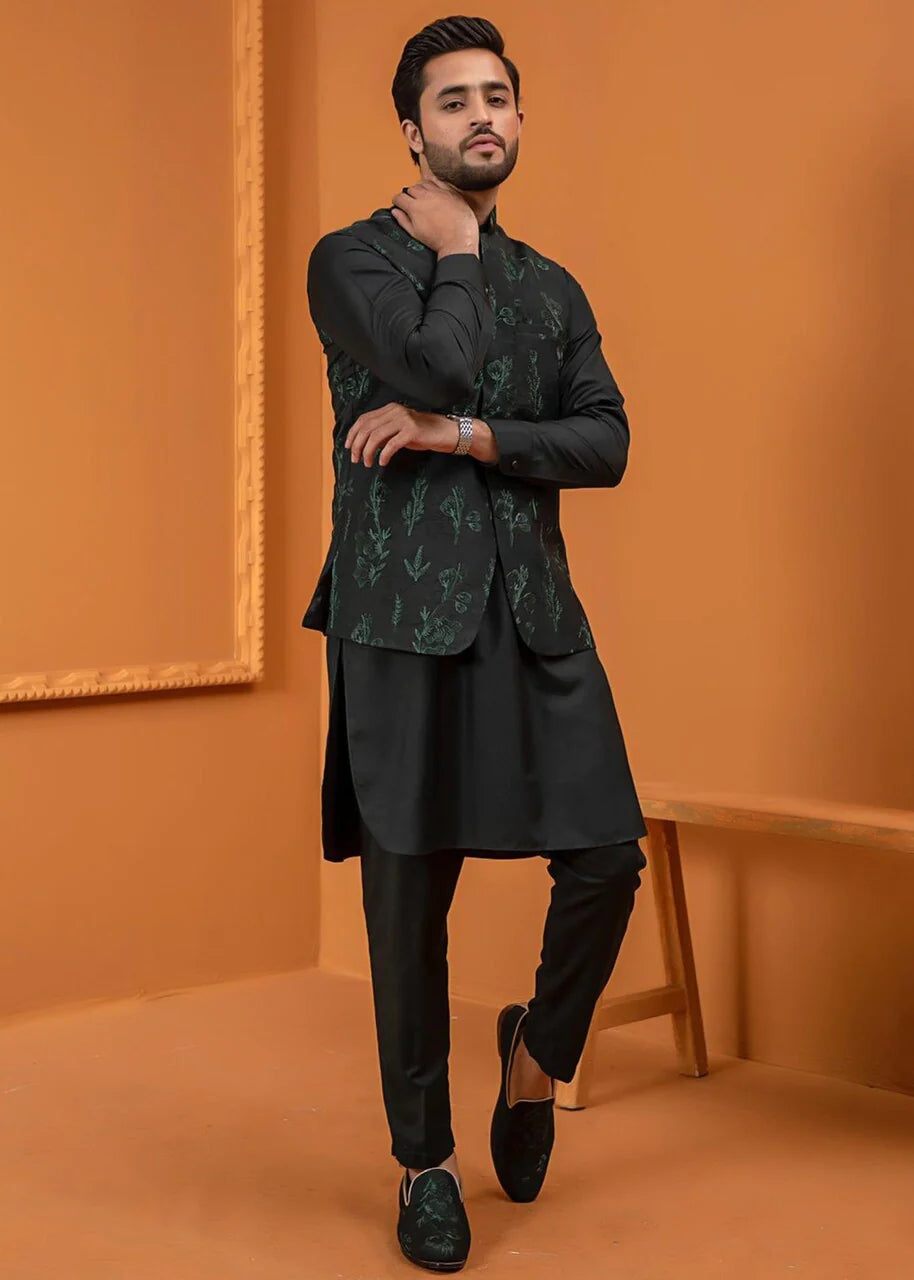 Deep Green Embroidered Wash & Wear Waistcoat Kurta (3-Piece) - Image 2