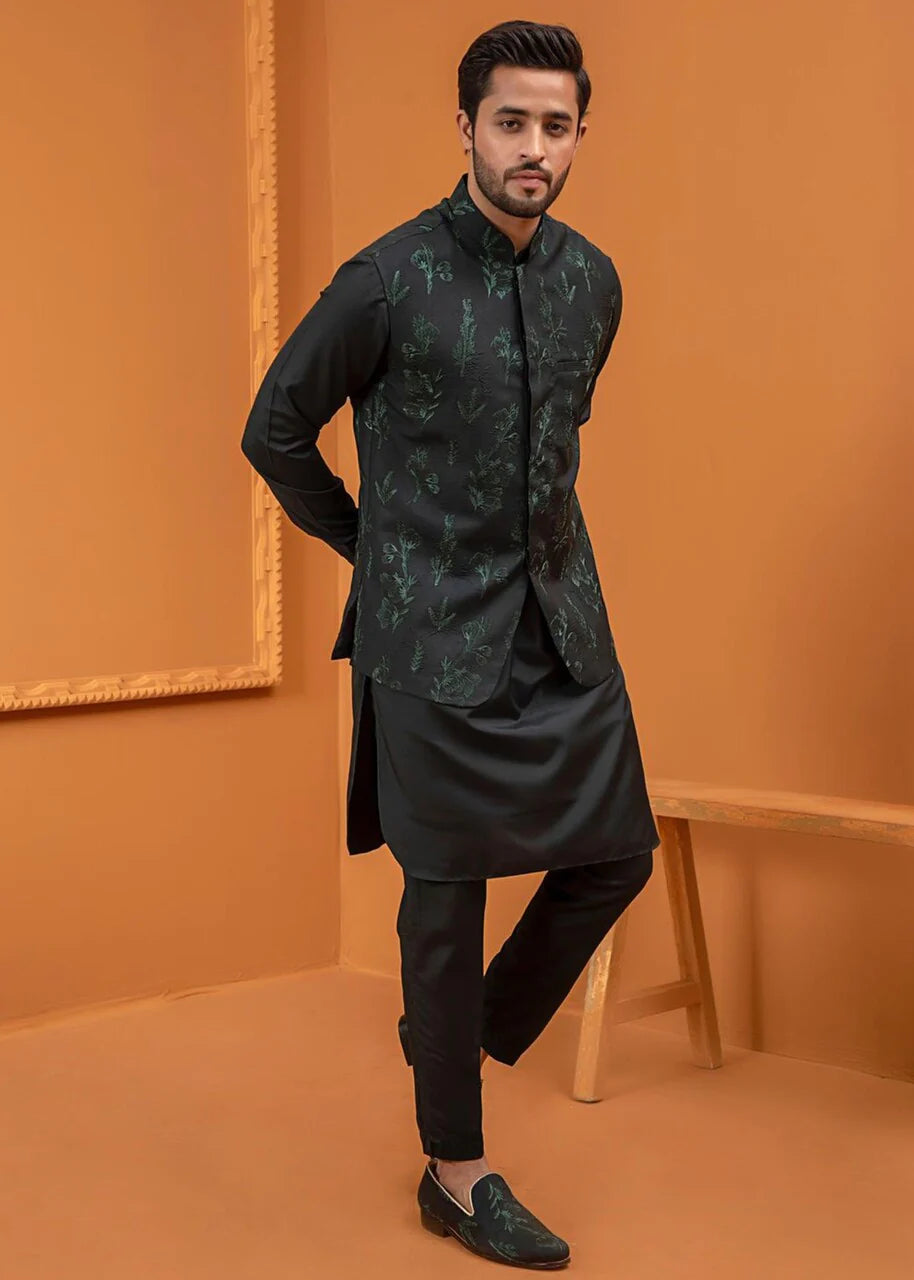Deep Green Embroidered Wash & Wear Waistcoat Kurta (3-Piece) - Image 6