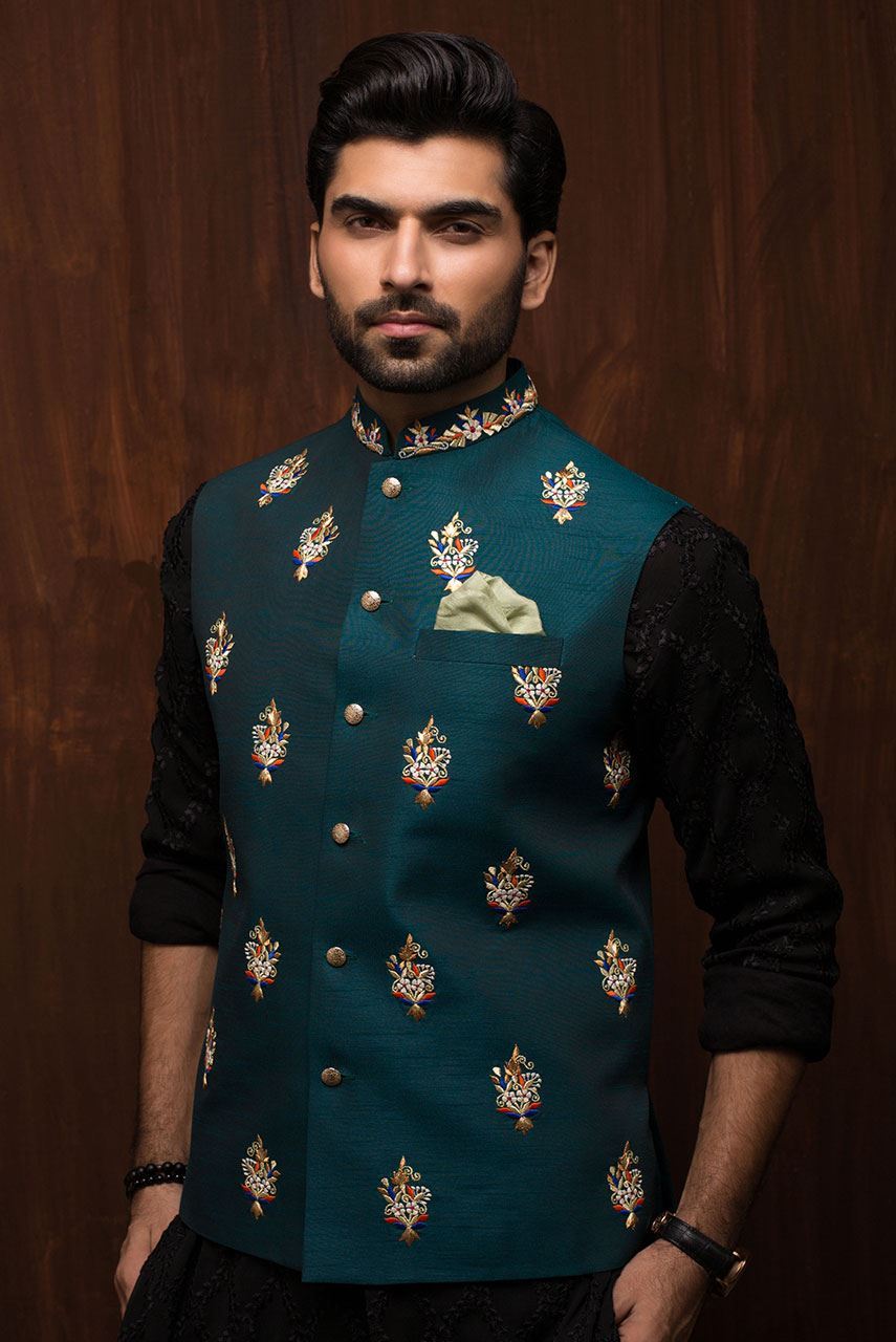 Emerald Green Embroidered Raw Silk Waistcoat (1-Pc) - Image 1
