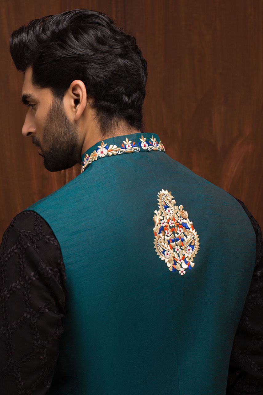 Emerald Green Embroidered Raw Silk Waistcoat (1-Pc) - Image 2