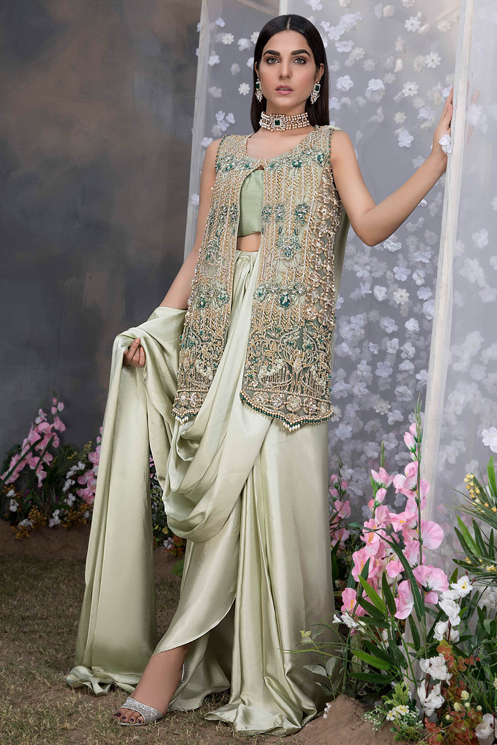 Mint Green Embellished Satin Waistcoat Set (3-Piece) - Image 1