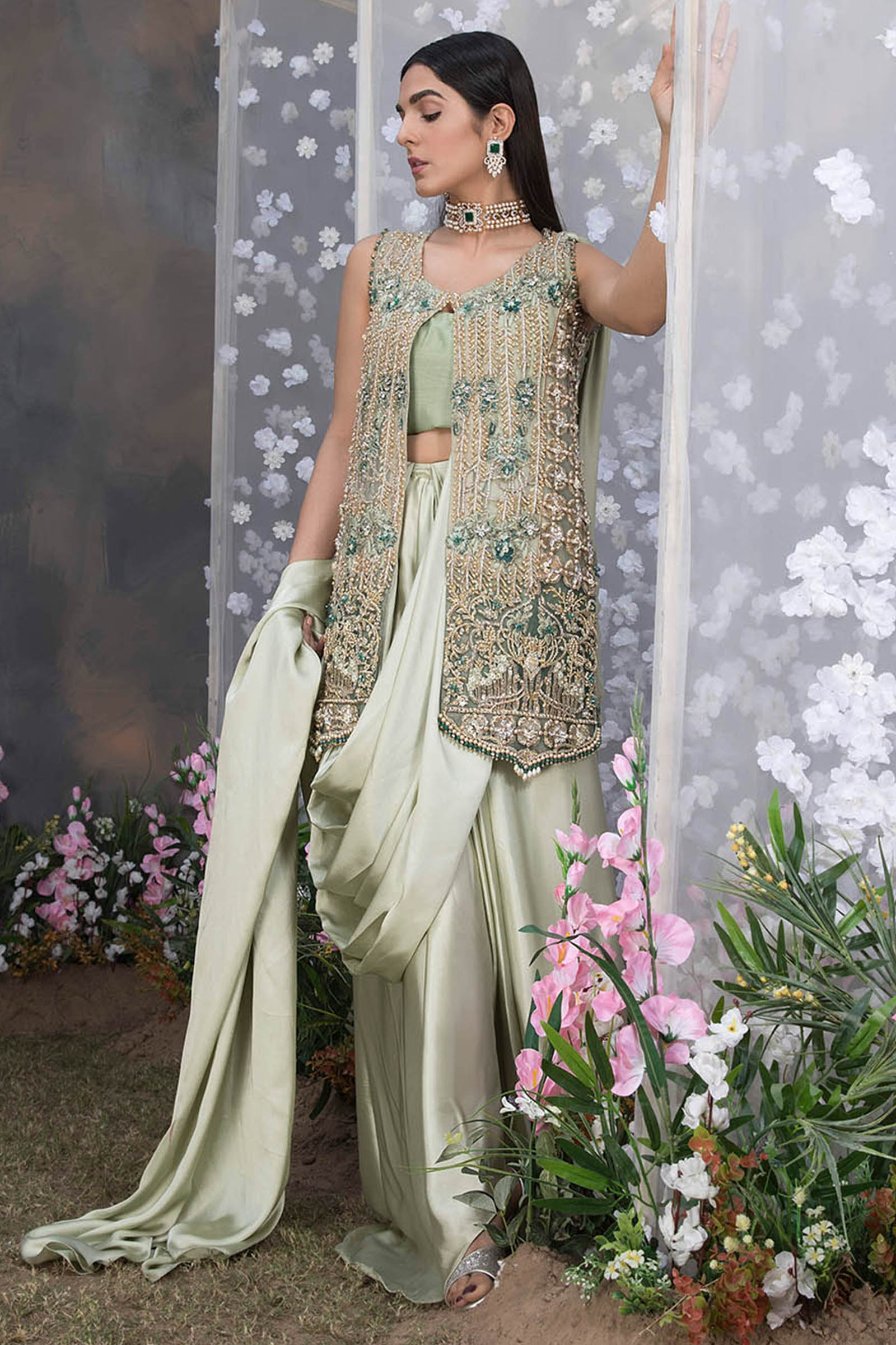 Mint Green Embellished Satin Waistcoat Set (3-Piece) - Image 2