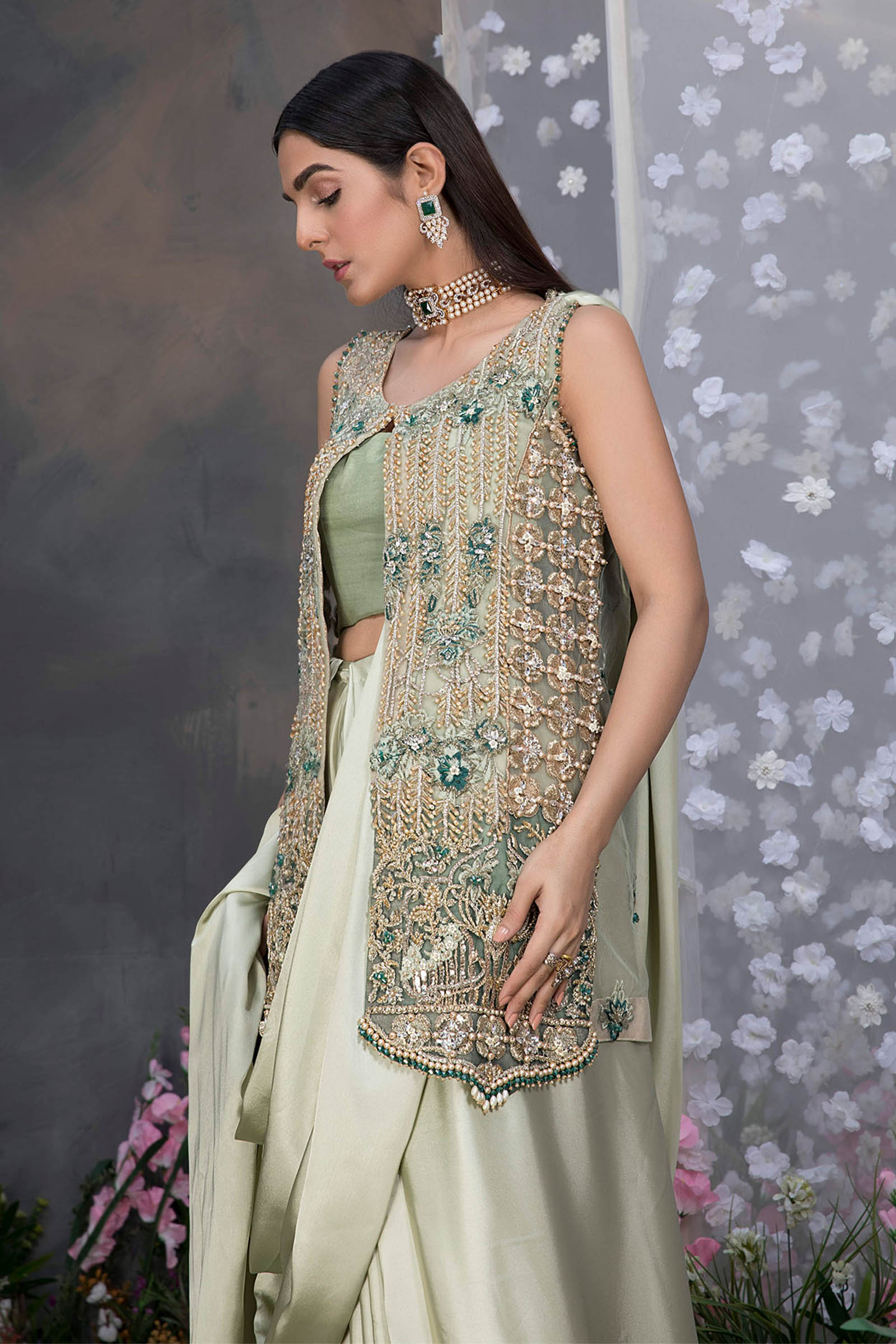 Mint Green Embellished Satin Waistcoat Set (3-Piece) - Image 3