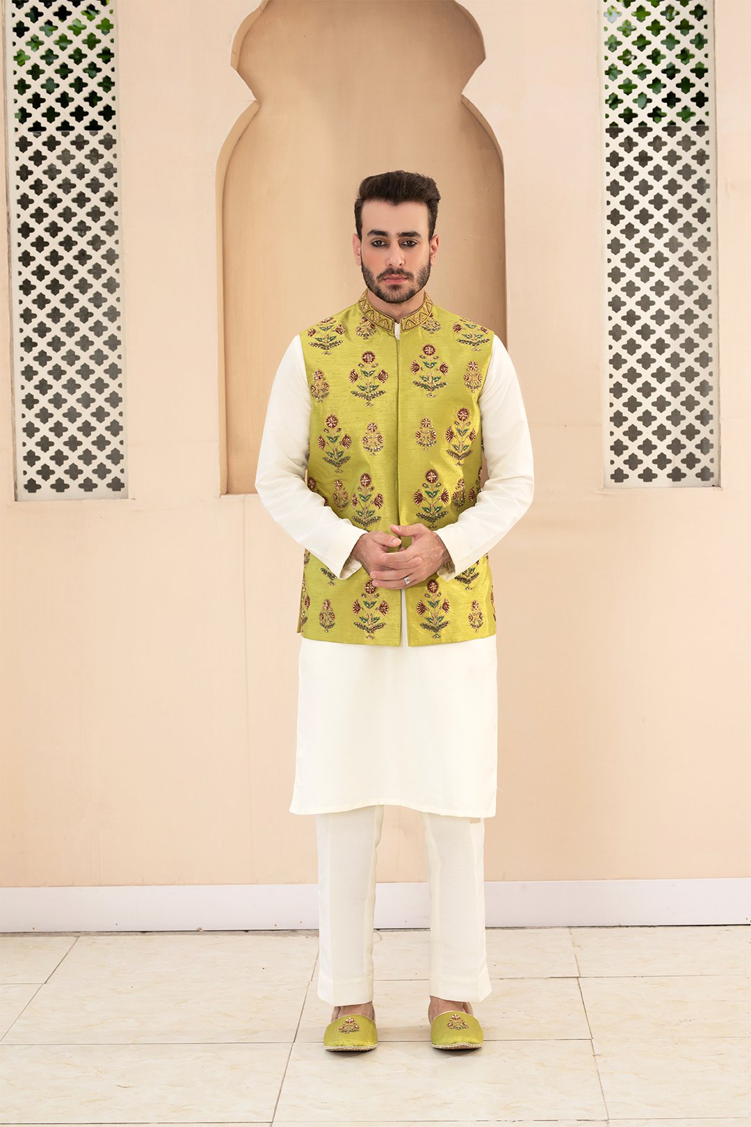 Mehndi Green Ada & Block Print Silk Waistcoat (2-Piece) - Image 1