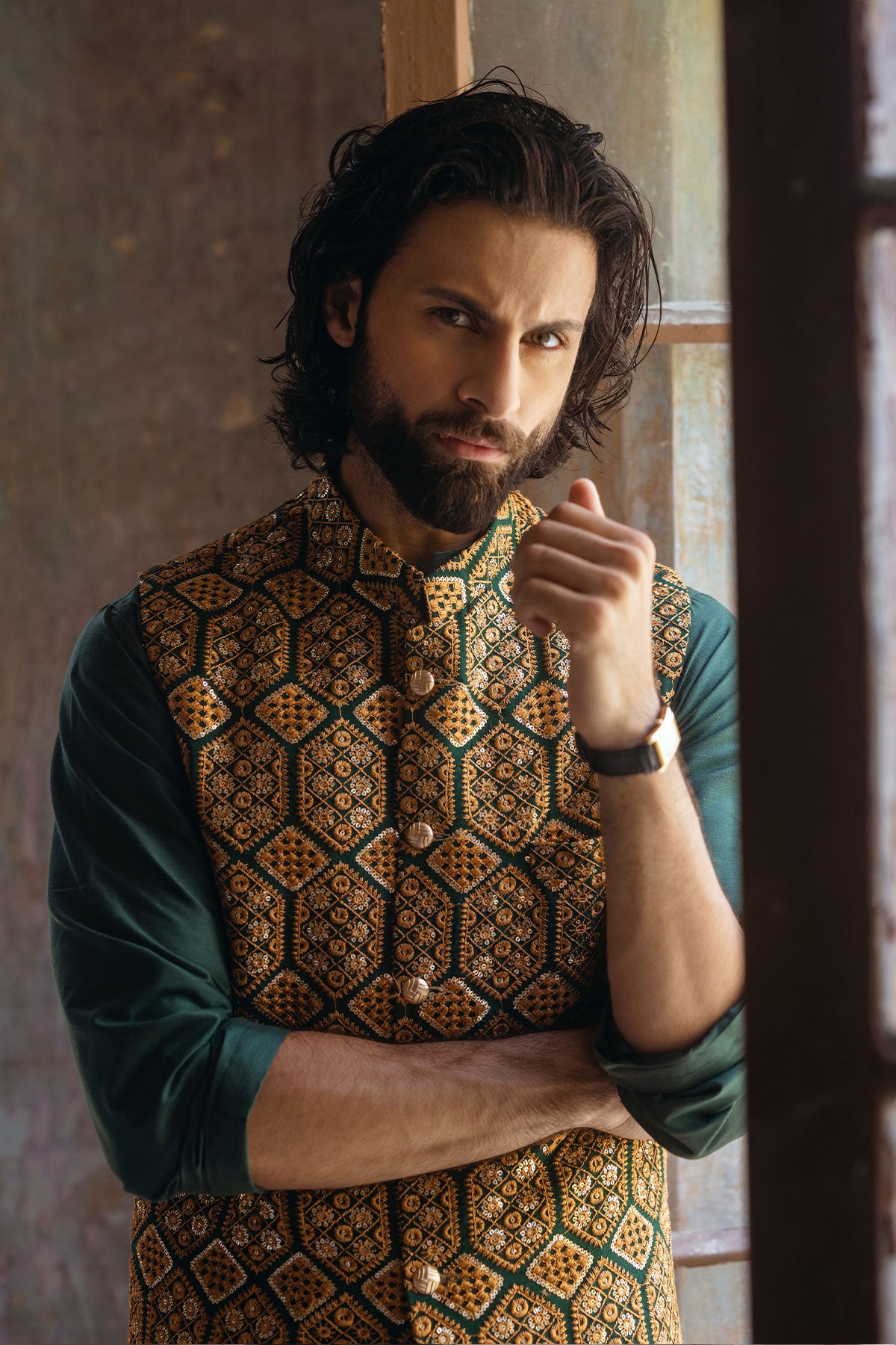 Emerald Green Geometric Embroidered Silk-Blend Waistcoat (2-Piece) - Image 1