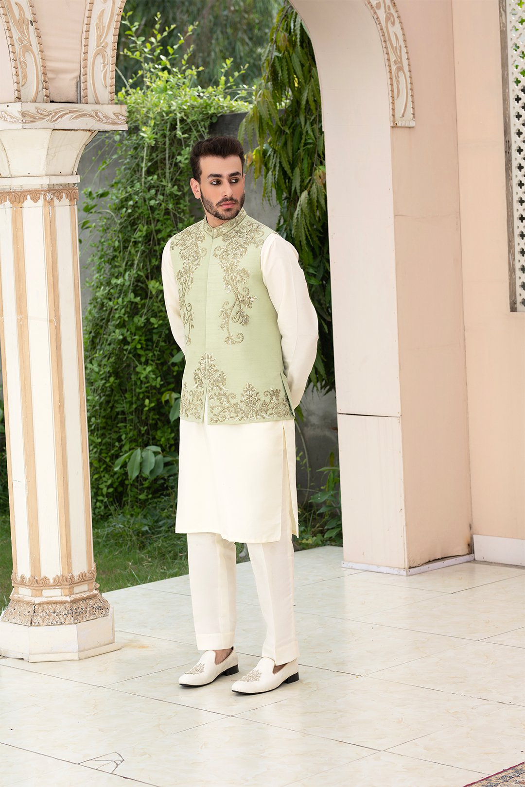 Pista Green Embroidered Silk Waistcoat (3-Piece) - Image 2