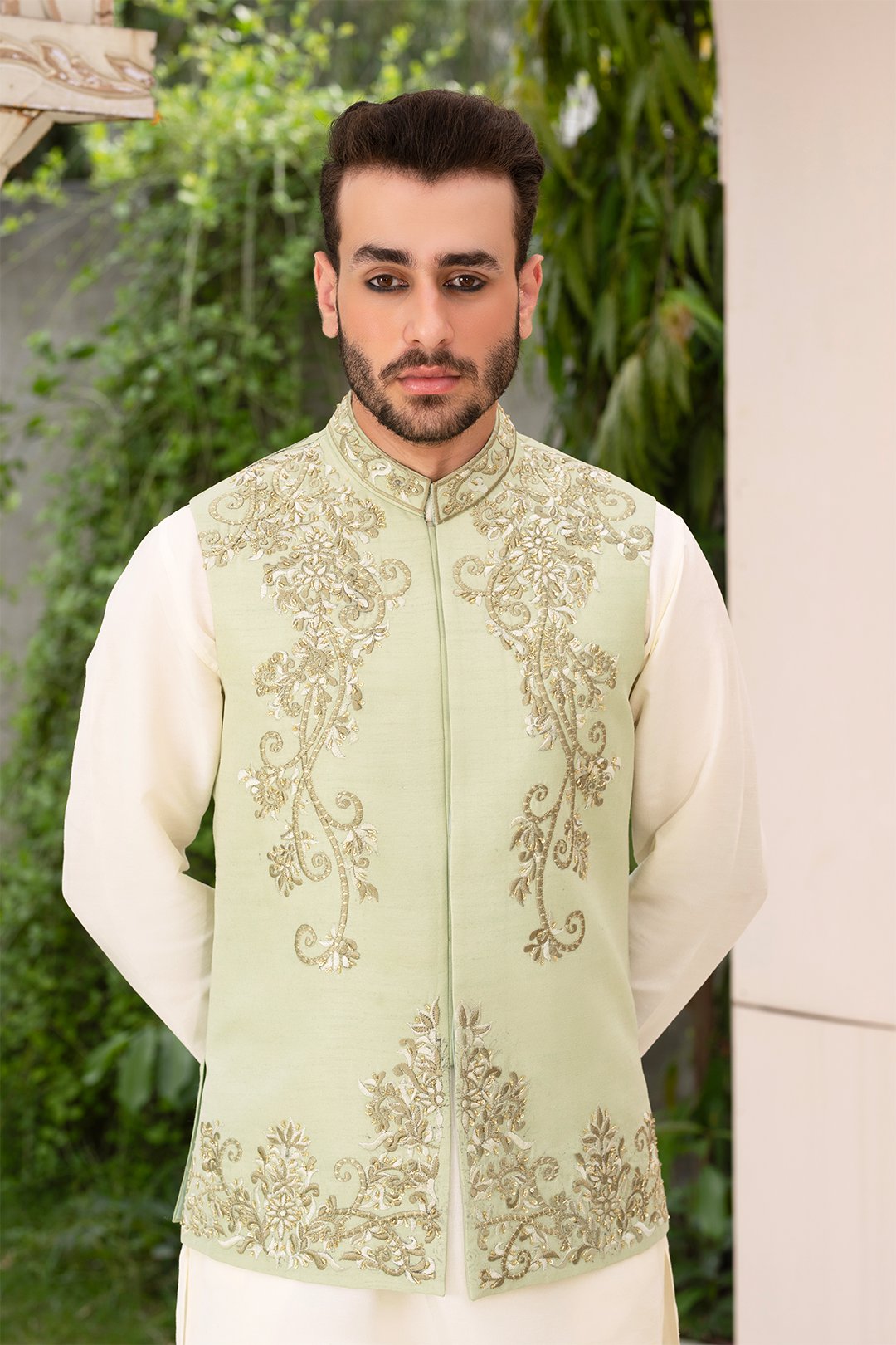 Pista Green Embroidered Silk Waistcoat (3-Piece) - Image 3