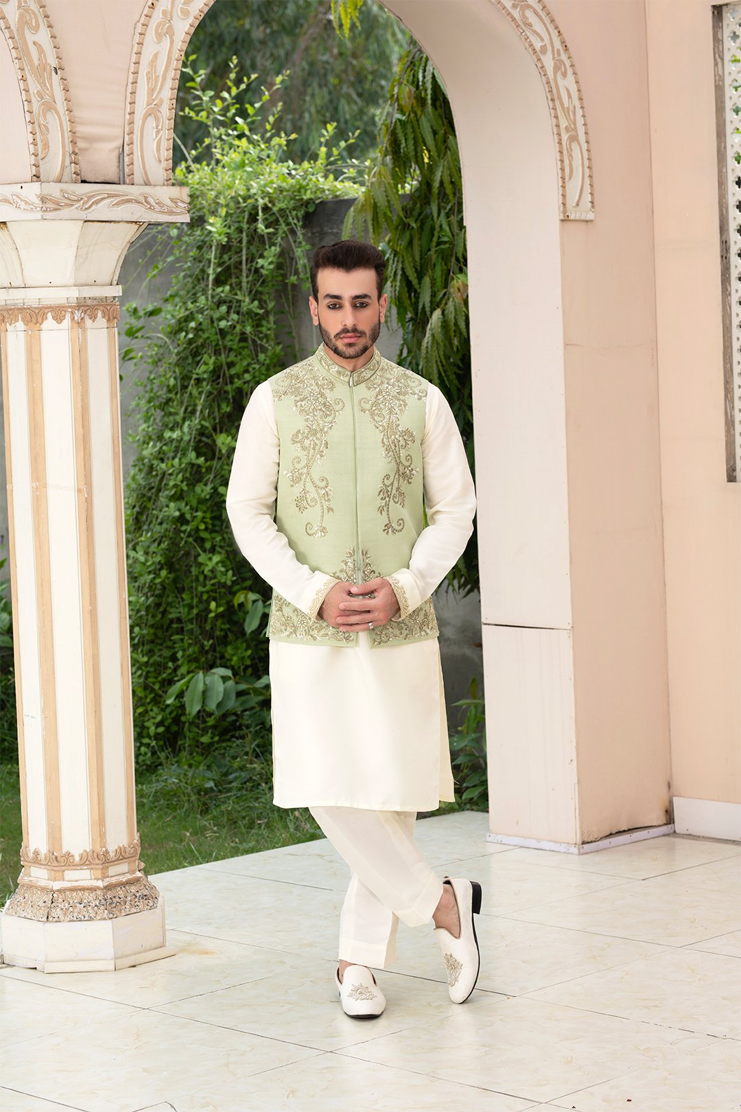 Pista Green Thread & Ada Work Silk Waistcoat (3-Piece) - Image 1