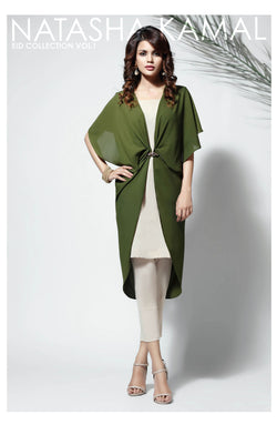 Pakistani Green Metal Buckle Georgette Cape Dress (3-Piece) - Image 1