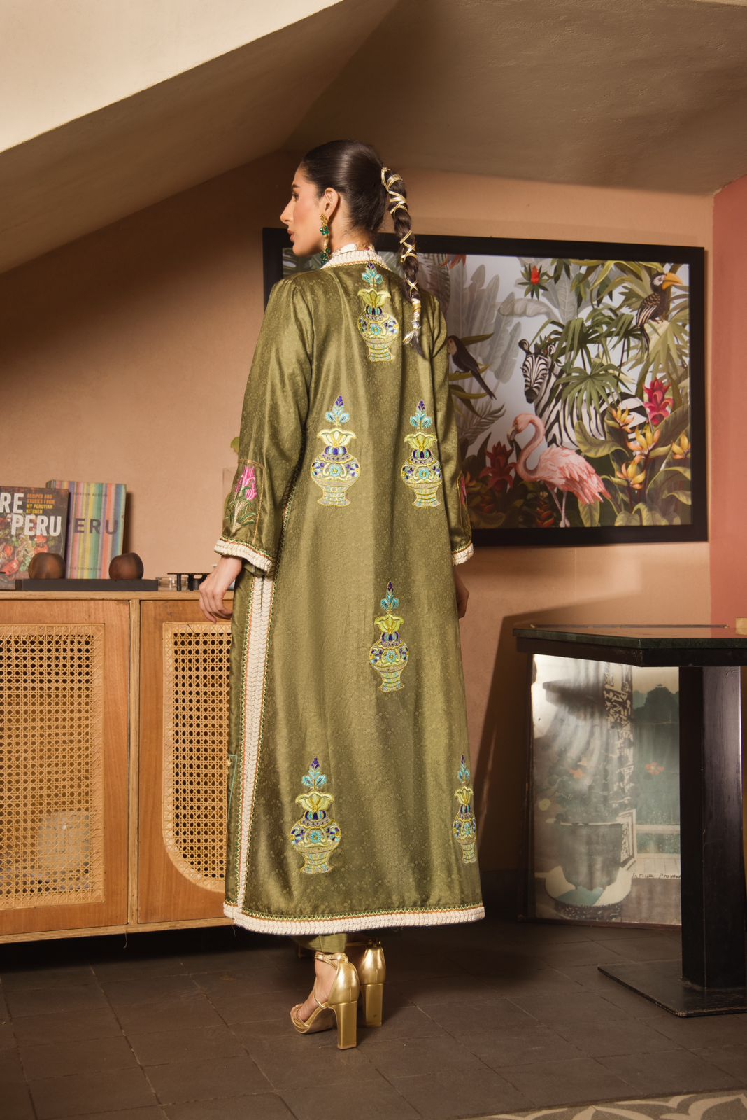 Pakistani Olive Green Arri Embroidered Katan Silk Cape (3-Piece) - Image 5